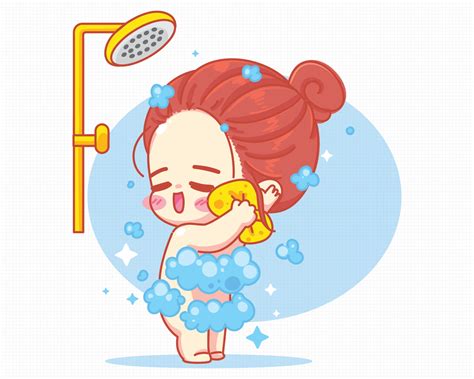 Cute Girl Taking Shower In Bathroom Cartoon Art Illustration 2335547