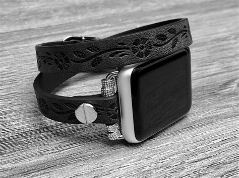 Black Leather Apple Watch Band 38mm 42mm Double Wrap Vegan ...