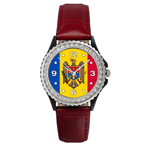 Republica Moldova Flag Ladies Cubic Zirconia Leather Band Quartz Watch