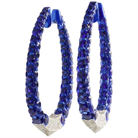Very Fine Blue Sapphires Diamond Hoop Earrings At 1stdibs