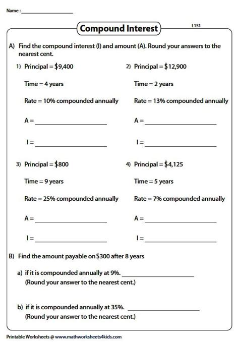 Compound Interest Worksheets