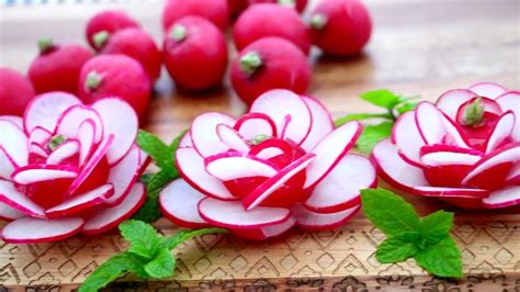 Red Radish Flowers Flower Roses Garnish Fruit And Vegetable Carving
