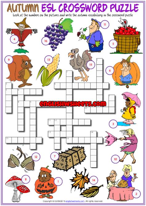 Autumn Esl Printable Crossword Puzzle Worksheet For Kids