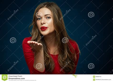 Woman Send Air Kiss With Red Lips Stock Photo Image Of Dark Face