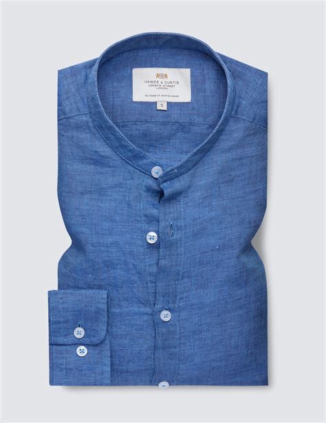 linen collarless relaxed slim fit shirt in denim hawes and curtis