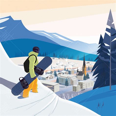 Davos Ski Resort In Alpine Travel Poster With A Snowboarder Etsy