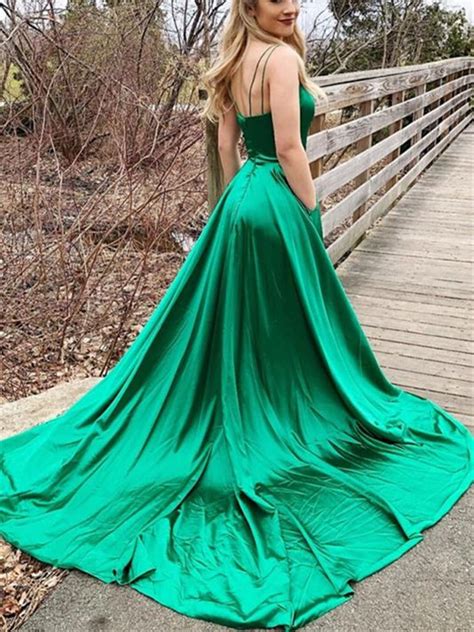 v neck backless green satin long prom dresses 2020 with leg slit open morievent