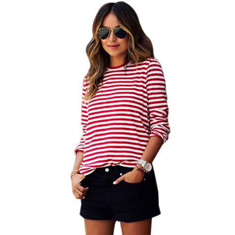2016 Spring Summer Long Sleeve Red Striped Tee Shirts Women Fashion ...