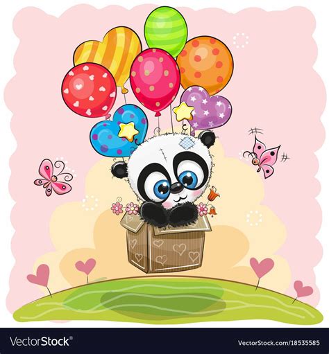 Cute Cartoon Panda In The Box Is Flying On Balloons Download A Free