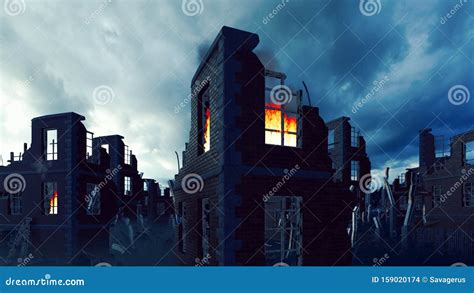 The Ruins Of An Deserted Destroyed Post Apocalyptic City At Sunset The