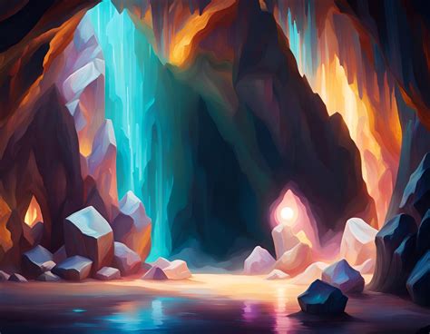 Cave With Crystal Rock Shining On The Walls Sharp Focus Light Glowing