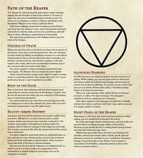 At the end of a fall, a creature takes 1d6 bludgeoning damage for every 10 feet it fell, to a maximum of 20d6. Path of the Reaper (DnD 5e) | Dungeons and dragons homebrew, Barbarian dnd, Dungeons and dragons ...