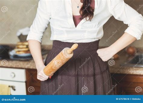 Woman Holding Rolling Pin In Kitchen Stock Photo Image Of Marble Work