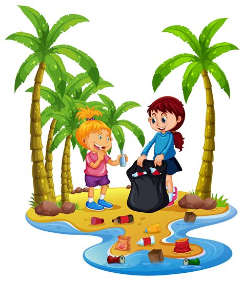 Niños voluntarios recogiendo basura en la isla. 419802 Vector en Vecteezy