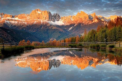Fall Alps Mountain Forest Sunset Reflection Fence Snowy Peak