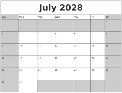 July 2028 Calanders