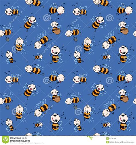 Seamless Vector Pattern With Cute Cartoon Bees Stock Vector