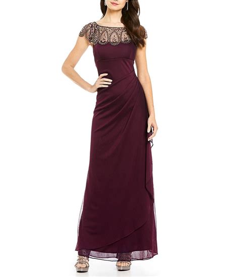 Xscape Beaded Illusion Neck Ruched Gown Dillards