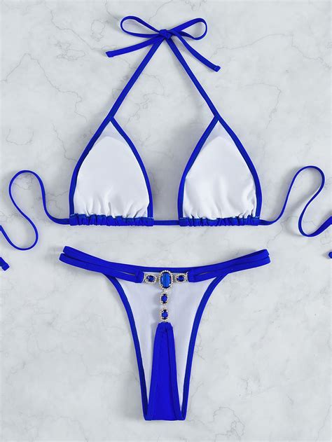 2022 Sexy Bikini Women Royal Blue Crystal Diamond Swimwear Swimsuit Triangle Bikinis Set Bathing
