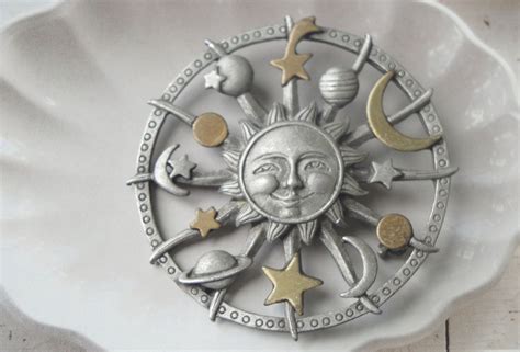 Vintage Celestial Sun Moon Stars Pin Signed Jj Brooch Etsy Sun Moon