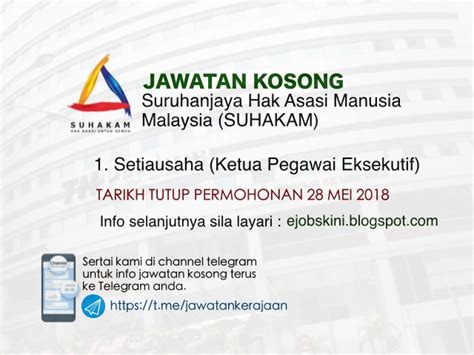 Tarikh tutup permohonan :18 mei 2021 lokasi :selangor sektor :kerajaan kelulusan minimum :spm?spmv status pelantikan. Jawatan Kosong Terkini di SUHAKAM - Mei 2018