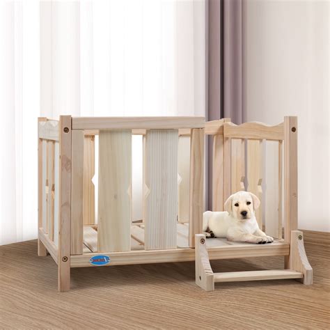 Coziwow Elevated Open Wooden Dog Bed Frame Furniture With Ladder For