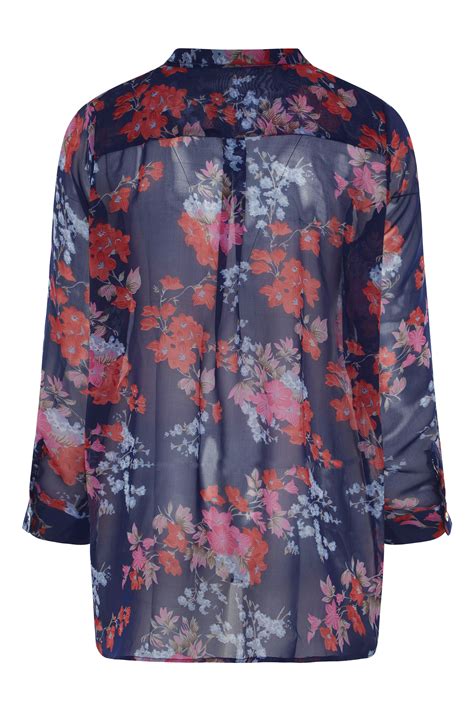 Plus Size Midnight Blue Floral Pintuck Dipped Hem Blouse Yours Clothing