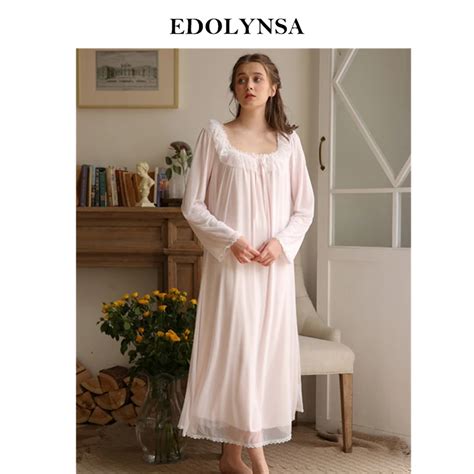 2019 spring nightgown white lace ruffled square collar vintage princess long night dress women