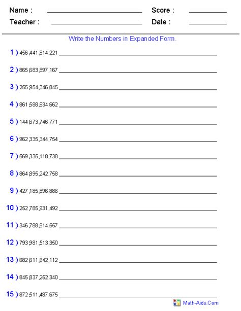 Expanded Form Math Worksheets 4th Grade