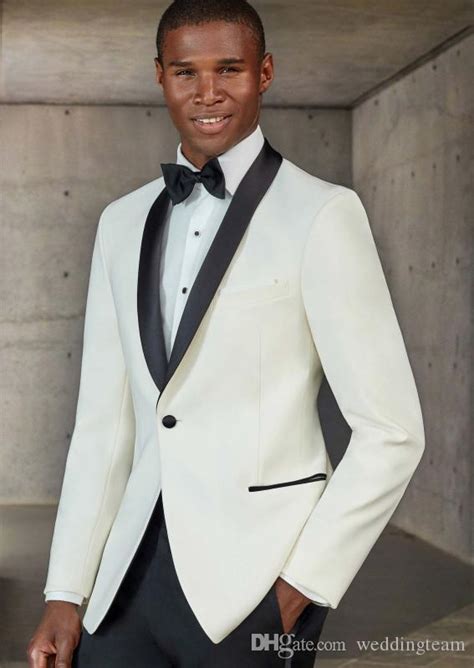 Ivory Mens Suits Slim Fit Groomsmen Wedding Tuxedos Black Shawl Lapel