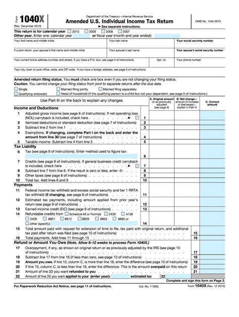 Irs 1040 X 2010 Fill Out Tax Template Online Us Legal Forms