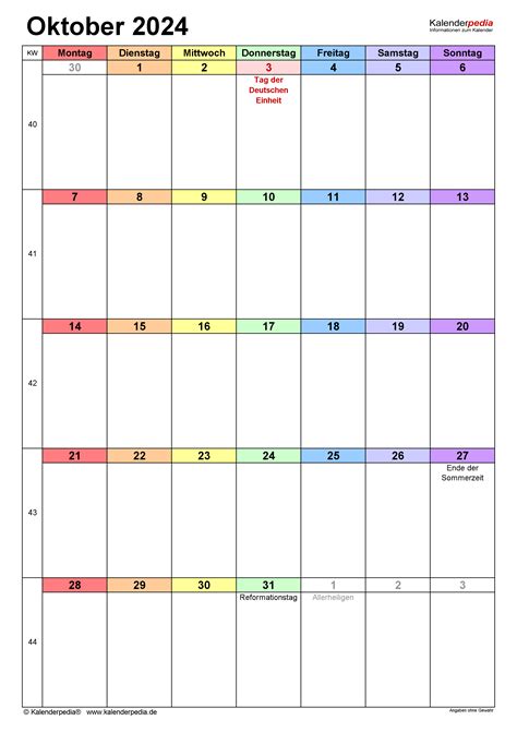 Kalender Oktober 2024 Als Excel Vorlagen