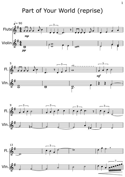 Part Of Your World Reprise Sheet Music For Flute Violin