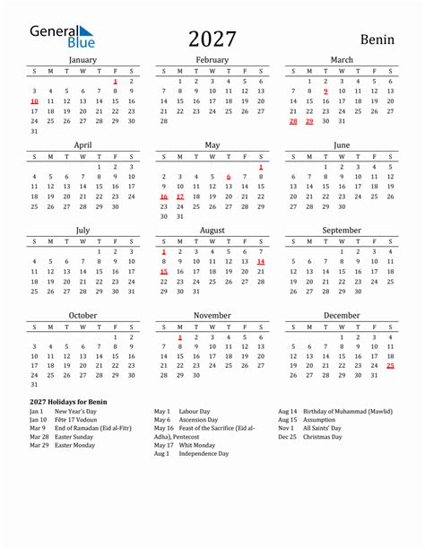 Free Benin Holidays Calendar For Year 2027