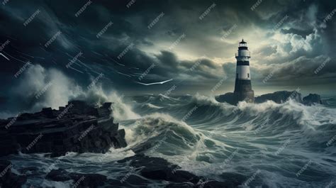Premium Ai Image A Photo Of A Solitary Lighthouse Stormy Seas In The