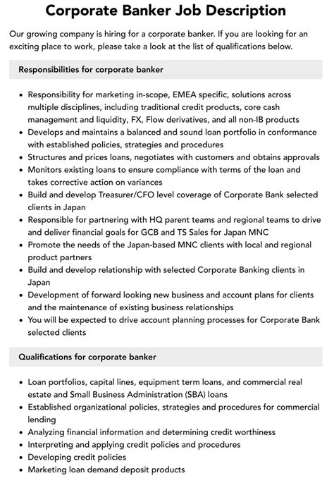 Corporate Banker Job Description Velvet Jobs