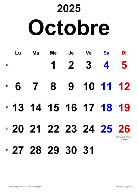 Calendrier Octobre 2025 Excel Word Et Pdf Calendarpedia