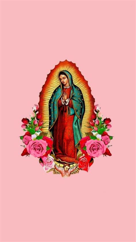 An Image Of The Virgin Mary With Roses And Flowers On A Pink Background