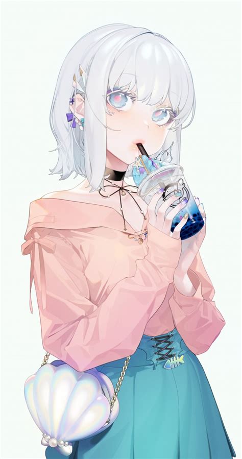 Wallpaper Anime Girl Drinking White Hair Make Up