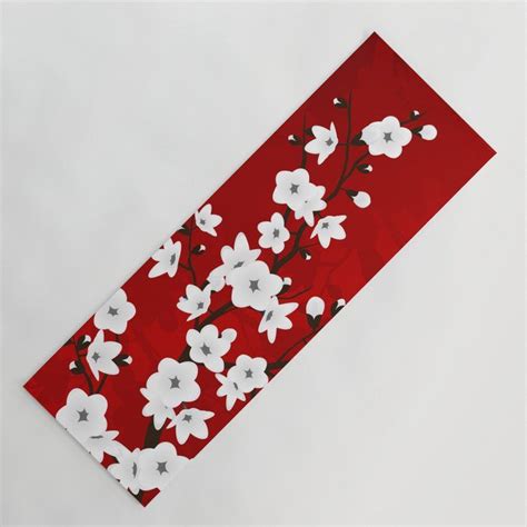 Red Black And White Cherry Blossoms Yoga Mat Cherry Blossom White