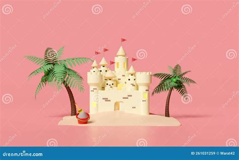 Sand Castle With Towers Fort Gates And Flags Sandy Beach Palms Tree