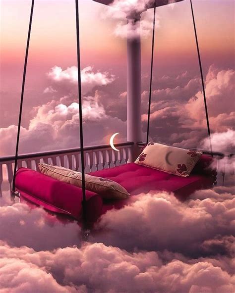 A Pink Bed Suspended In The Sky With Clouds Surrounding It And A