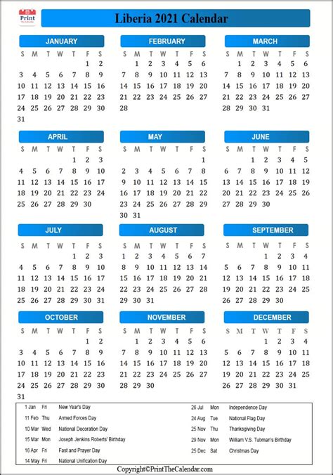 Liberia Calendar 2021 With Liberia Public Holidays