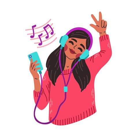 Girl In Earphones And Headphones Listening To Music And Dancing Happy