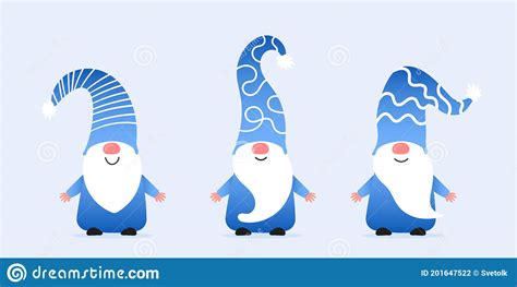 Set Of Cute Christmas Gnomes In Funny Hats In Blue Color Vector
