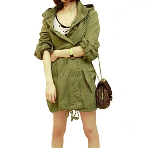 Women Hoodie Drawstring Army Green Military Trench Parka Jacket Coat