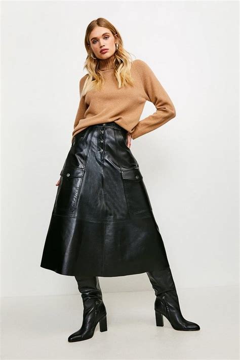 Leather Button Front Pocket Detail Skirt Karen Millen
