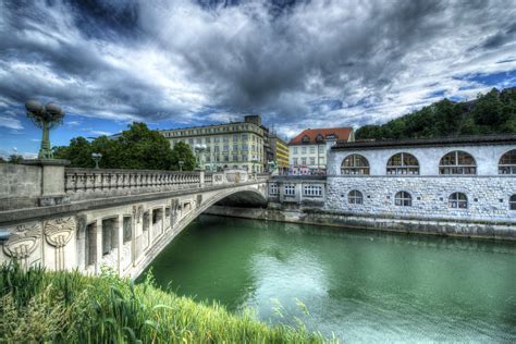 Slovenia Rivers Bridges Houses Sky Hdr Ljubljana Cities