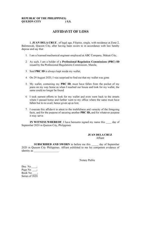 Sample Affidavit Of Loss PRC ID REPUBLIC OF THE PHILIPPINES QUEZON CITY S AFFIDAVIT OF