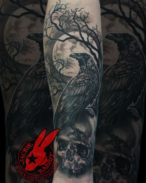 Crescent moon, skull, and cuticle dots done by lezlietroy at enigma tattoos in st. Raven Crow Perched Sitting Skull Full Moon Tree Branch Creepy Best Spooky Realistic 3D Black and ...